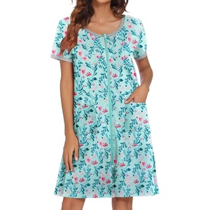 Ekouaer Women Zipper Front House Coat Robe Zip Up Bathrobes Short Nightgown(Blue Crushed Floral)