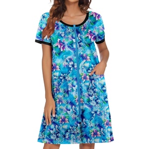 Ekouaer Women Zipper Front House Coat Robe Zip Up Bathrobes Short Nightgown(Dark Blue Floral)