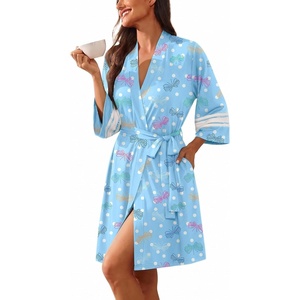 Ekouaer Womens Robe Lightweight 3/4 Sleeve Soft Knit Bathrobe Sleepwear(P Blue Butterfly)