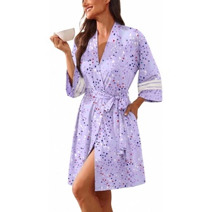 Ekouaer Womens Robe Lightweight 3/4 Sleeve Soft Knit Bathrobe Sleepwear(Purple Print)