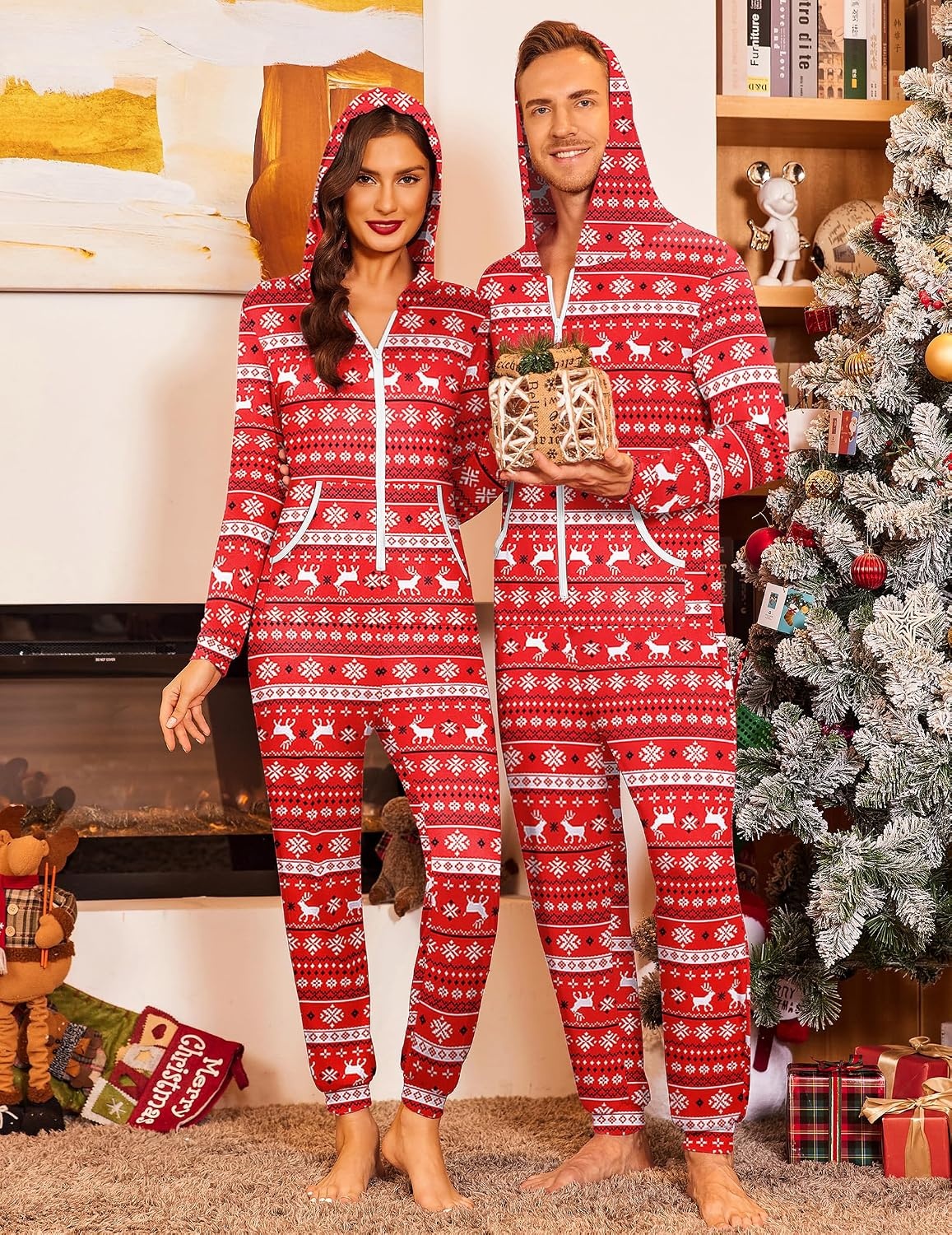 image:imageEkouaer Christmas Matching Onesie for Couples Adult Hooded Pajamas