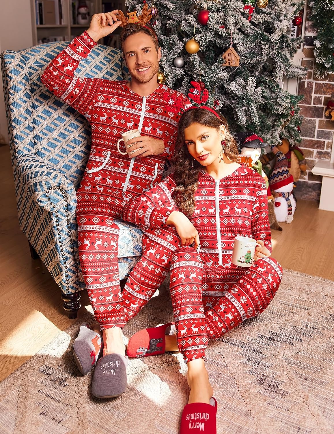 image:imageEkouaer Christmas Matching Onesie for Couples Adult Hooded Pajamas