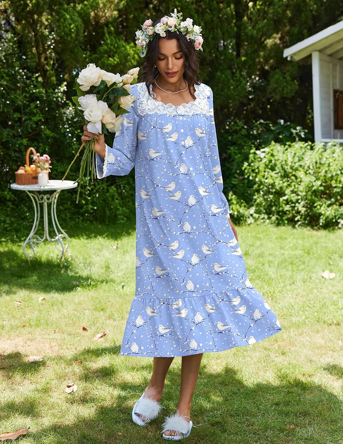 image:imageEkouaer Cotton Nightgowns for Women Long Sleeve Night Gown Lace SleepwearBlue White Birds