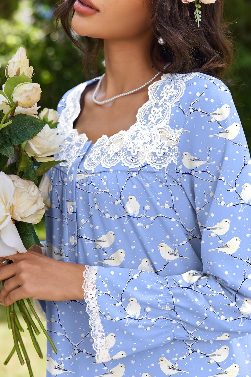 image:imageEkouaer Cotton Nightgowns for Women Long Sleeve Night Gown Lace SleepwearBlue White Birds