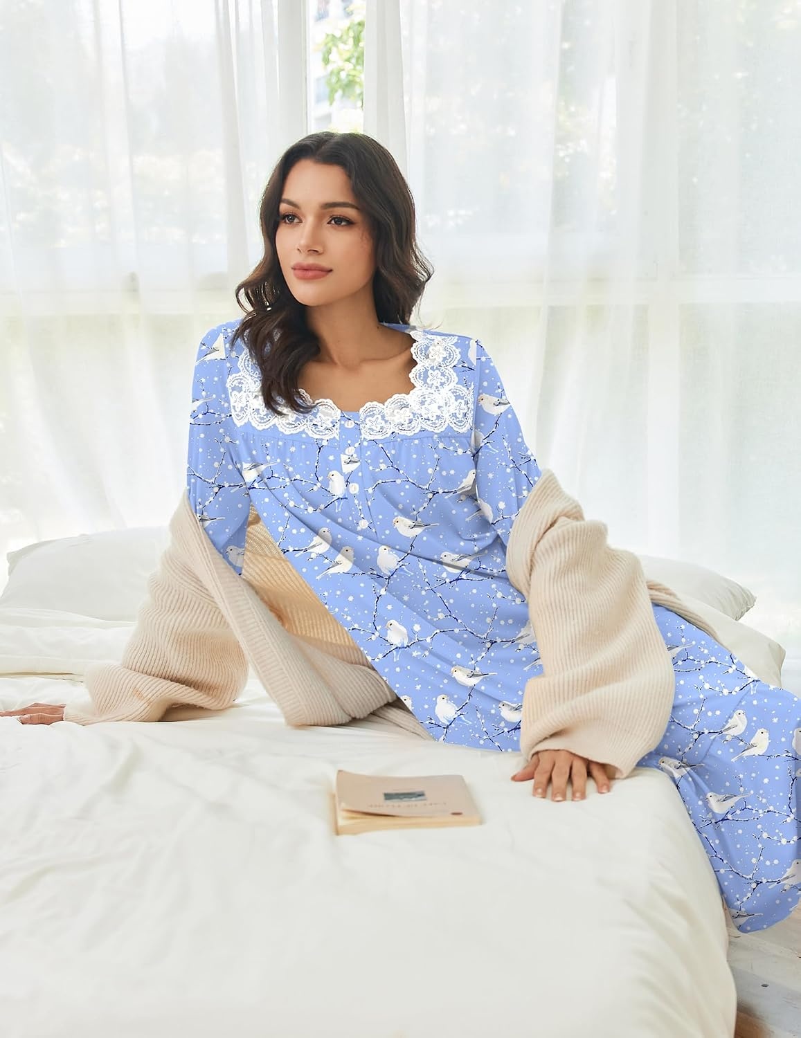 image:imageEkouaer Cotton Nightgowns for Women Long Sleeve Night Gown Lace SleepwearBlue White Birds