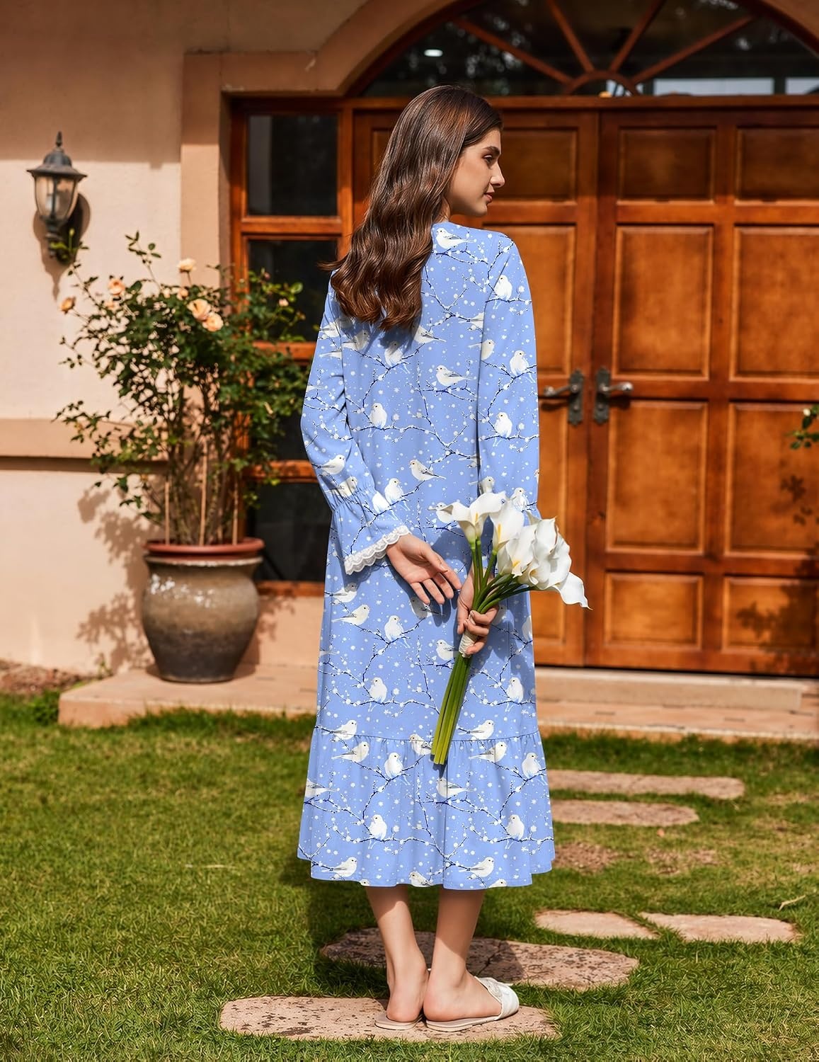 image:imageEkouaer Cotton Nightgowns for Women Long Sleeve Night Gown Lace SleepwearBlue White Birds