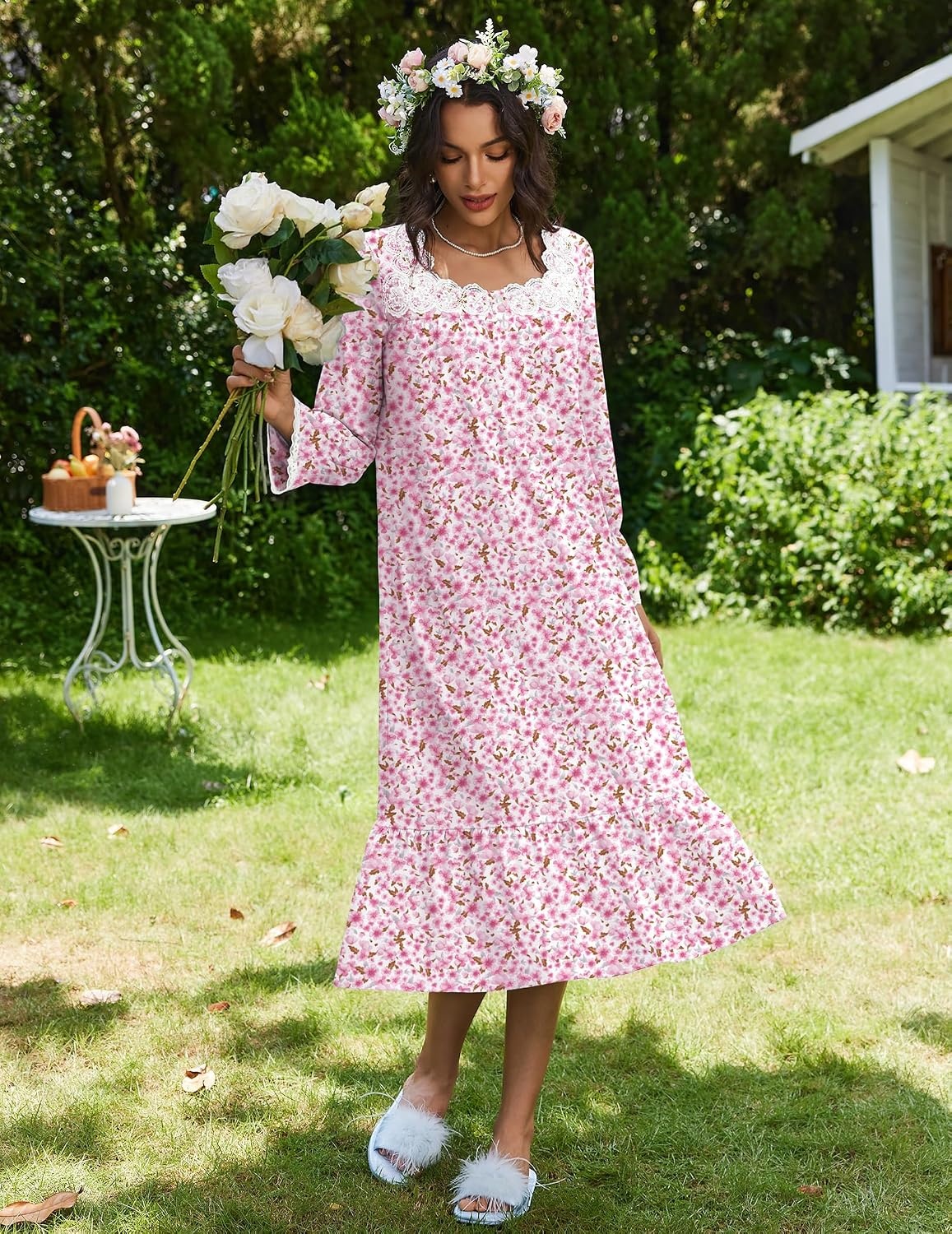 image:imageEkouaer Cotton Nightgowns for Women Long Sleeve Night Gown Lace SleepwearPink Ditsy Floral