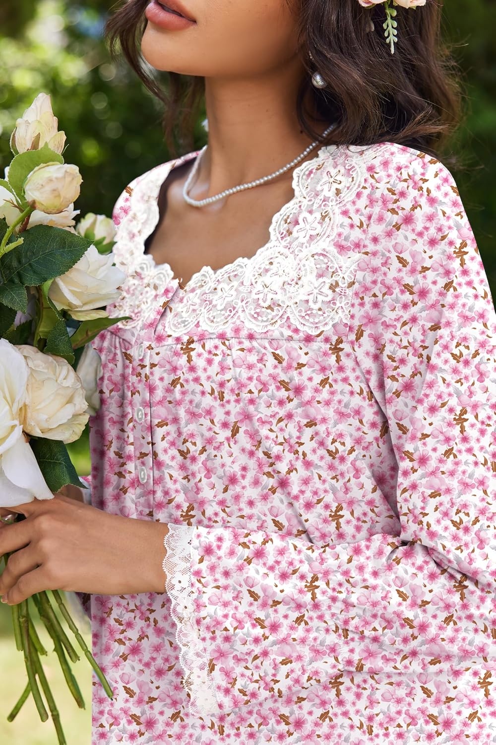 image:imageEkouaer Cotton Nightgowns for Women Long Sleeve Night Gown Lace SleepwearPink Ditsy Floral