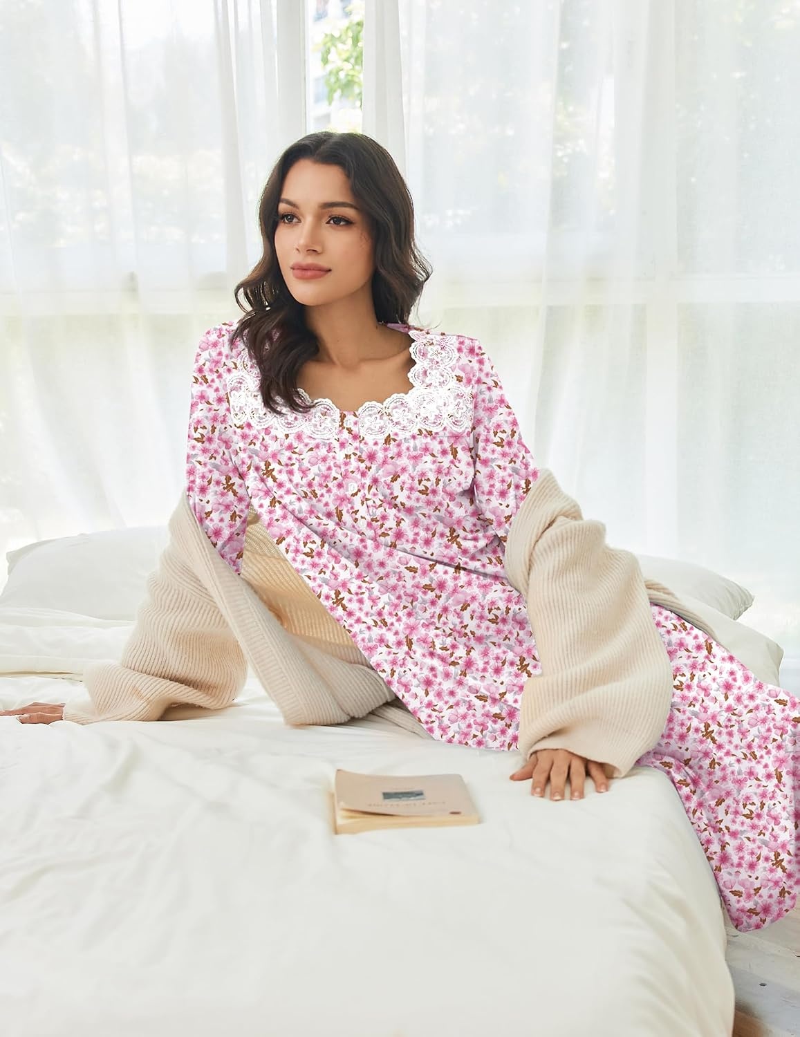 image:imageEkouaer Cotton Nightgowns for Women Long Sleeve Night Gown Lace SleepwearPink Ditsy Floral
