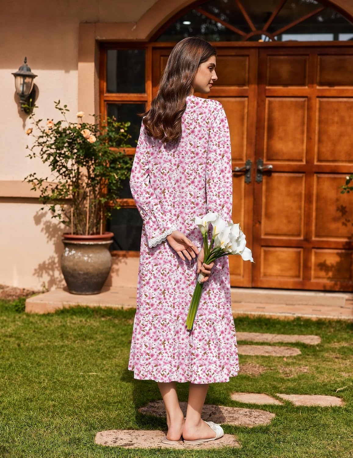 image:imageEkouaer Cotton Nightgowns for Women Long Sleeve Night Gown Lace SleepwearPink Ditsy Floral