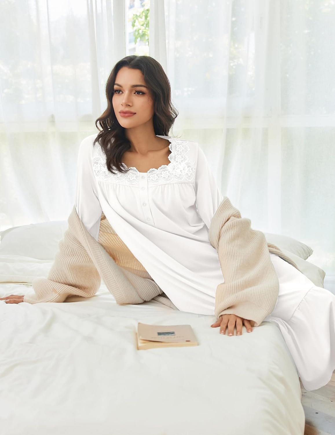 image:imageEkouaer Cotton Nightgowns for Women Long Sleeve Night Gown Lace SleepwearWhite