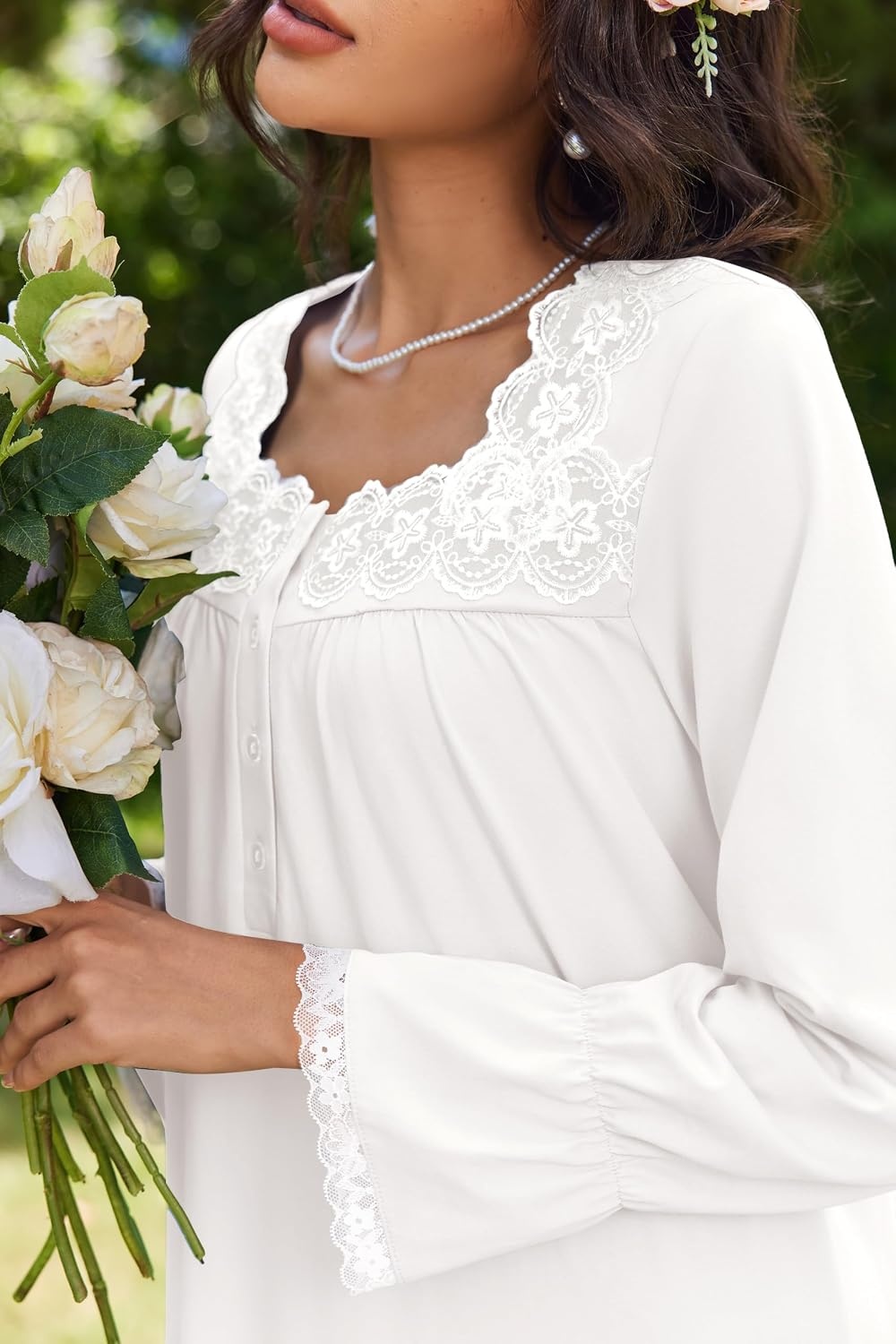 image:imageEkouaer Cotton Nightgowns for Women Long Sleeve Night Gown Lace SleepwearWhite