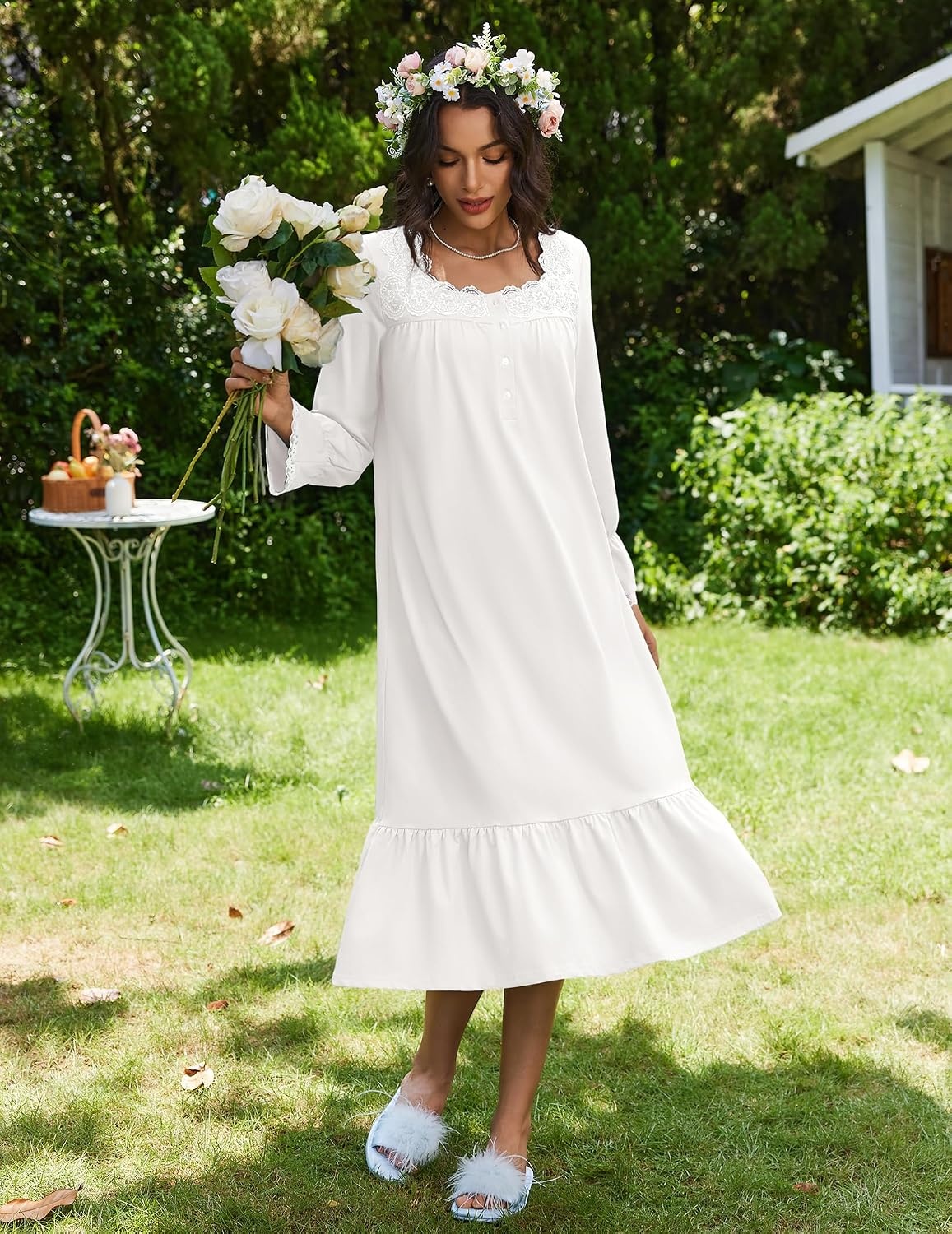 image:imageEkouaer Cotton Nightgowns for Women Long Sleeve Night Gown Lace SleepwearWhite
