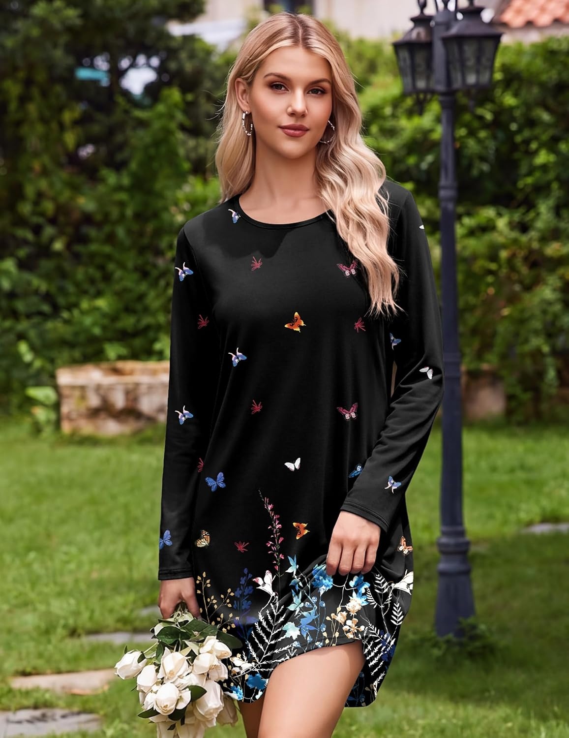 image:imageEkouaer Nightgowns for Women 2 Pack Night Gowns Long Sleeve Sleep ShirtsBlack GreyButterfly Flowers