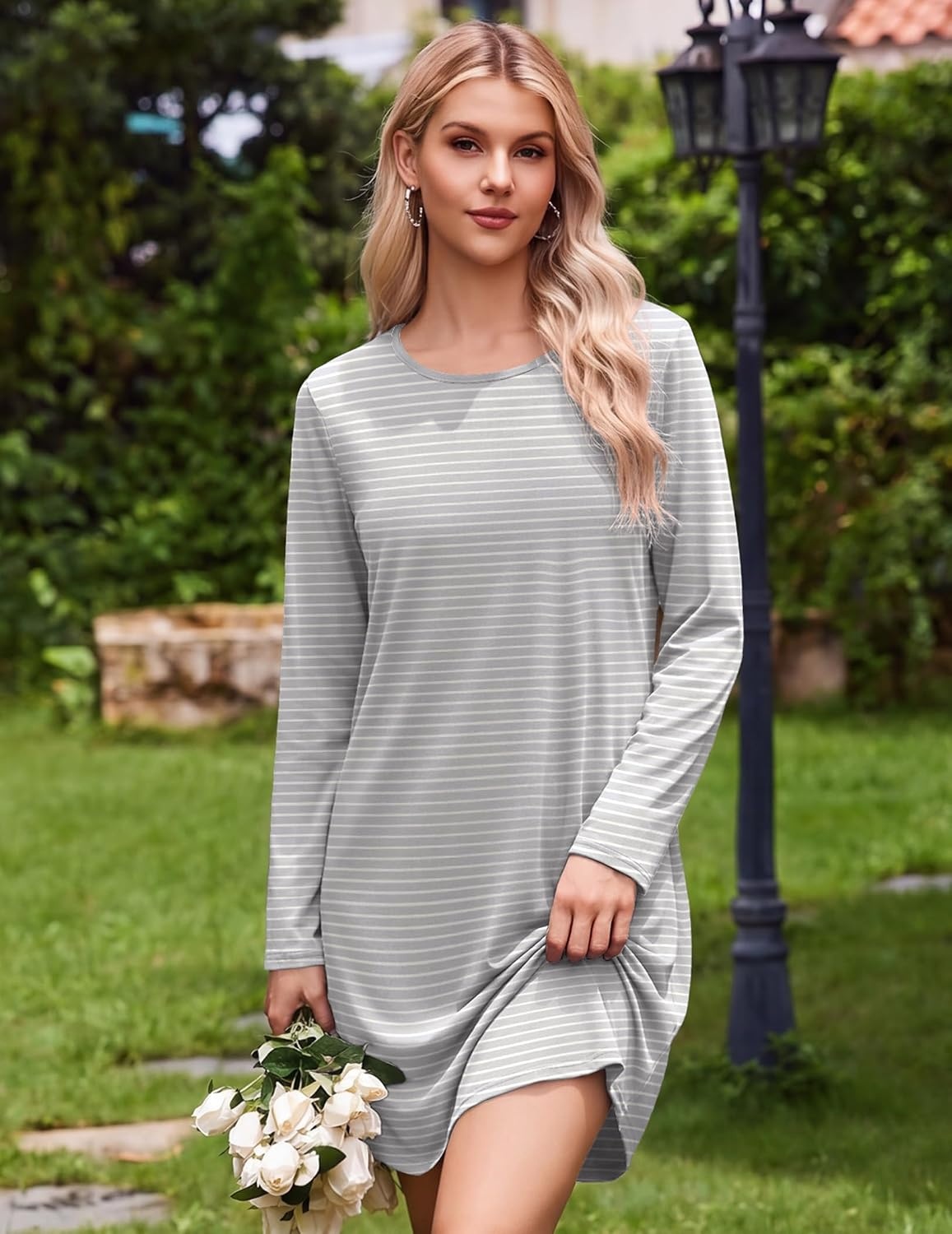 image:imageEkouaer Nightgowns for Women 2 Pack Night Gowns Long Sleeve Sleep ShirtsBlack GreyLight Grey Stripes