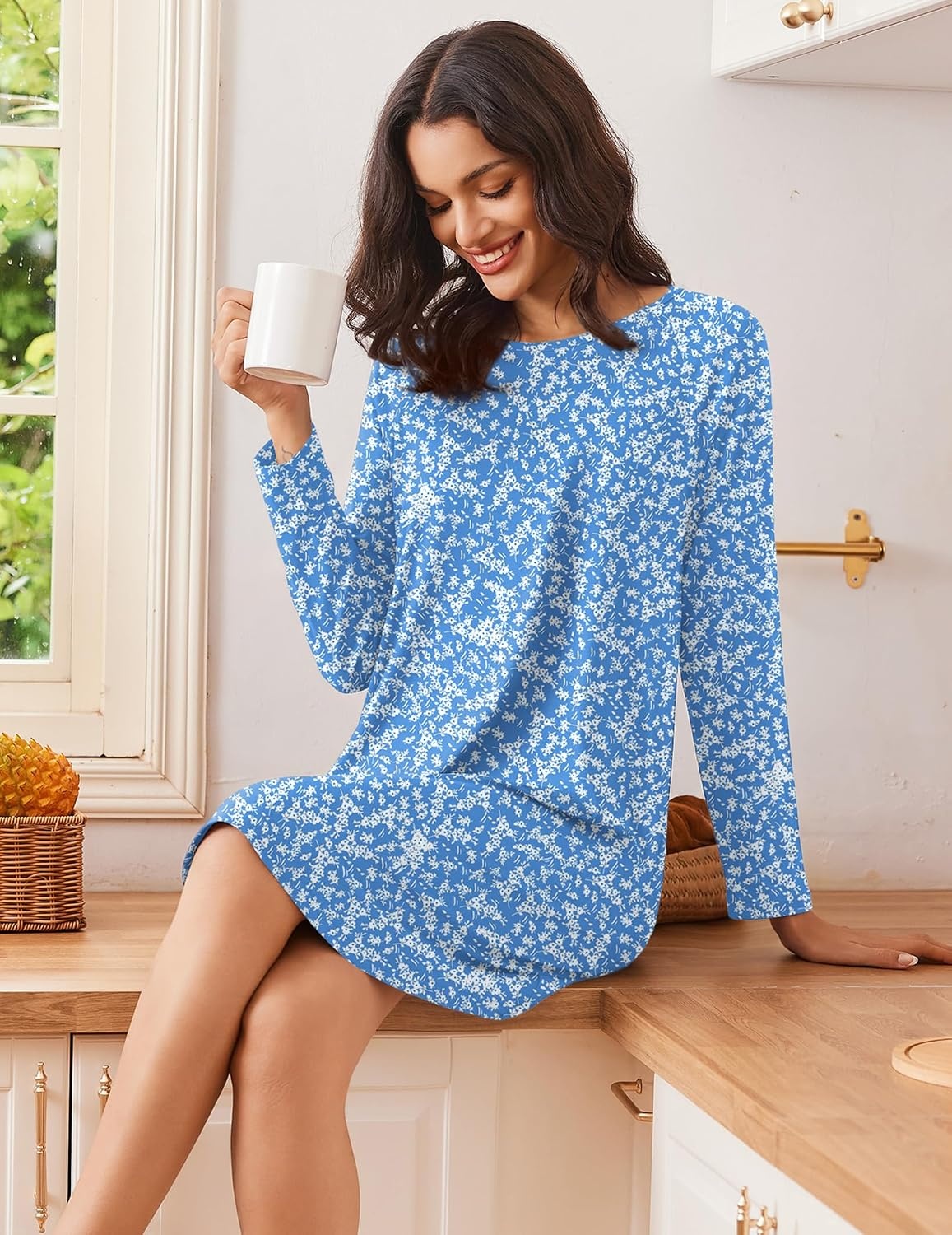 image:imageEkouaer Nightgowns for Women 2 Pack Night Gowns Long Sleeve Sleep ShirtsBlue FloralPurple Floral