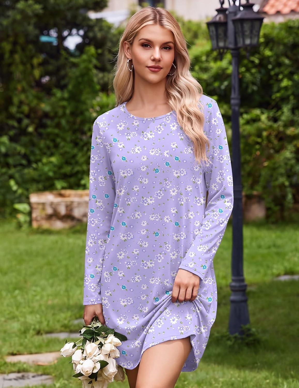 image:imageEkouaer Nightgowns for Women 2 Pack Night Gowns Long Sleeve Sleep ShirtsBlue FloralPurple Floral