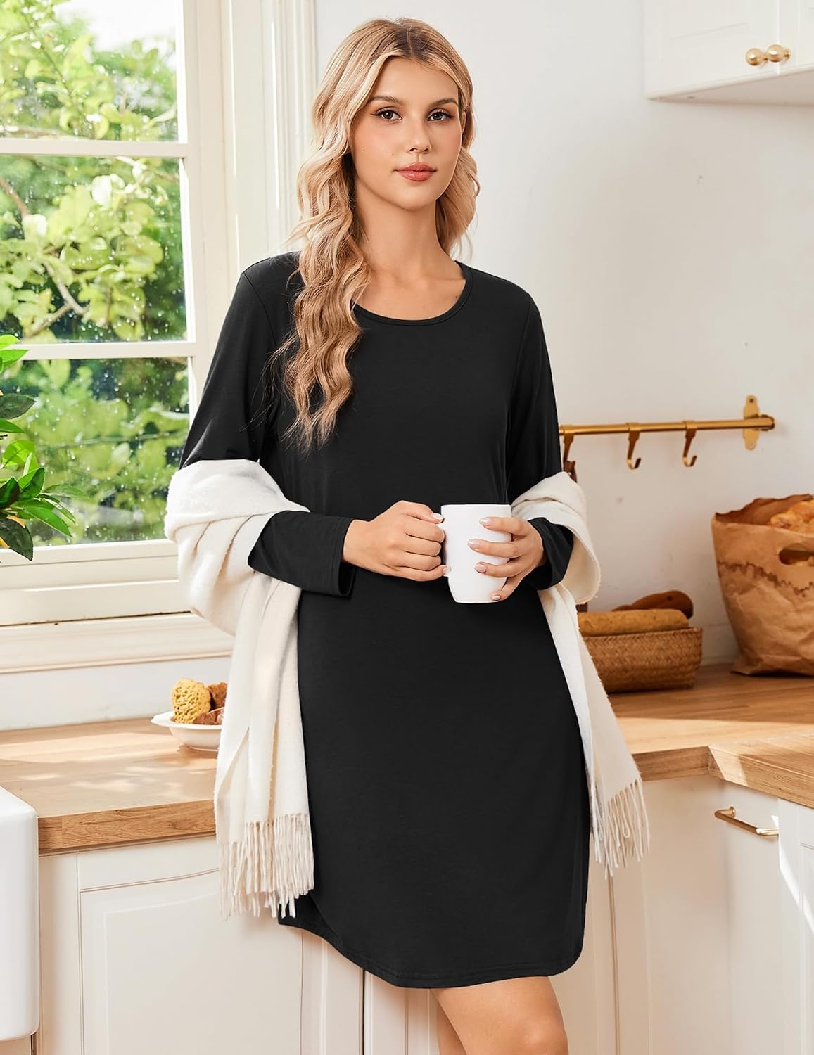 image:imageEkouaer Nightgowns for Women 2 Pack Night Gowns Long Sleeve Sleep ShirtsBlue GreyBlack