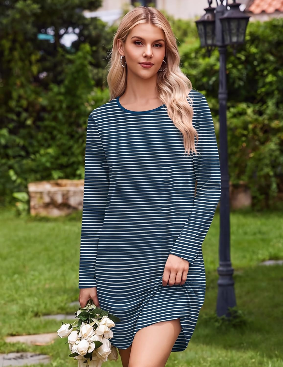 image:imageEkouaer Nightgowns for Women 2 Pack Night Gowns Long Sleeve Sleep ShirtsBlue GreyDark Blue Striped