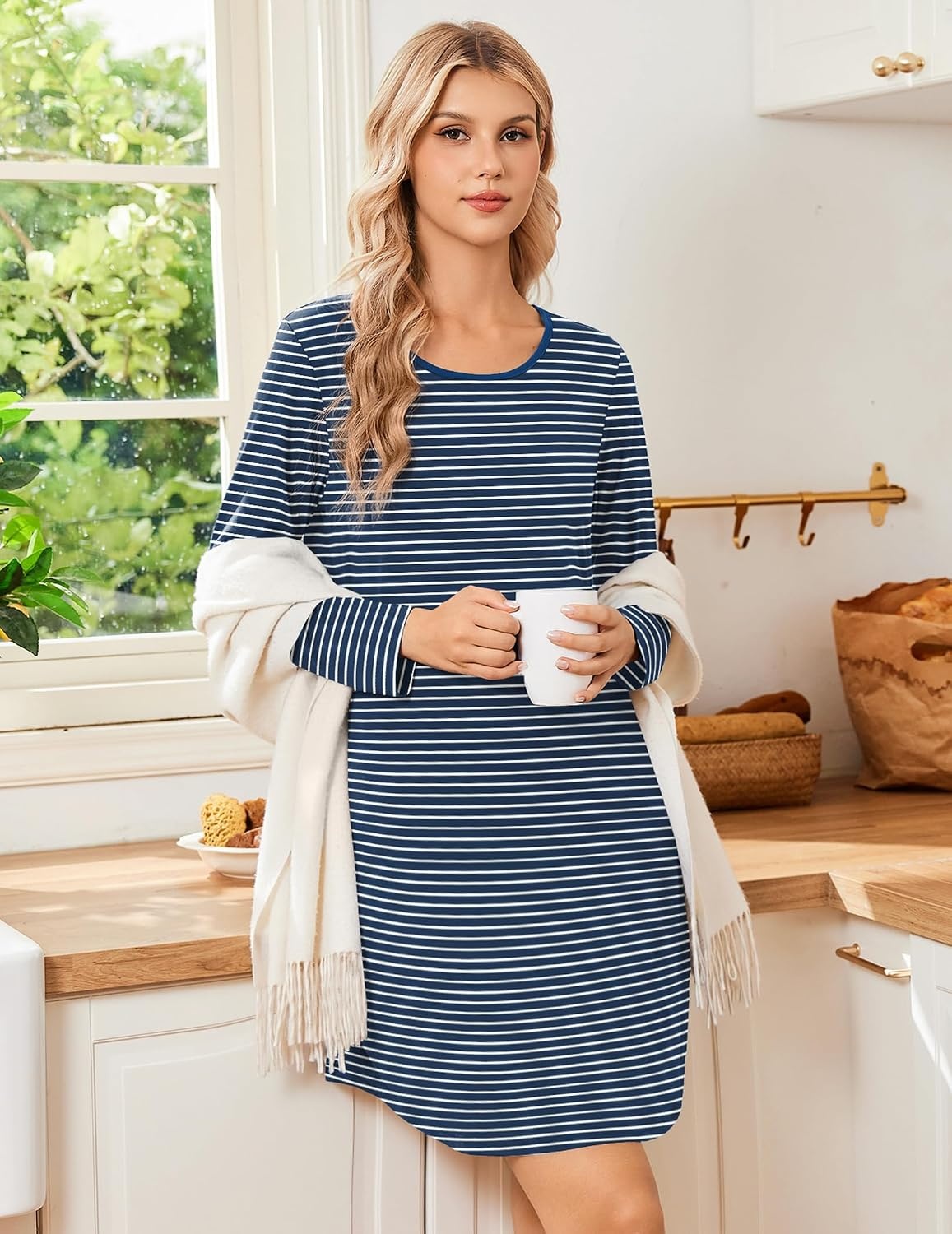 image:imageEkouaer Nightgowns for Women 2 Pack Night Gowns Long Sleeve Sleep ShirtsBlue GreyDark Blue Striped