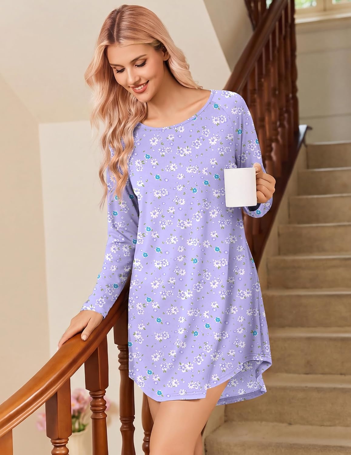 image:imageEkouaer Nightgowns for Women 2 Pack Night Gowns Long Sleeve Sleep ShirtsPink White FloralPurple Floral