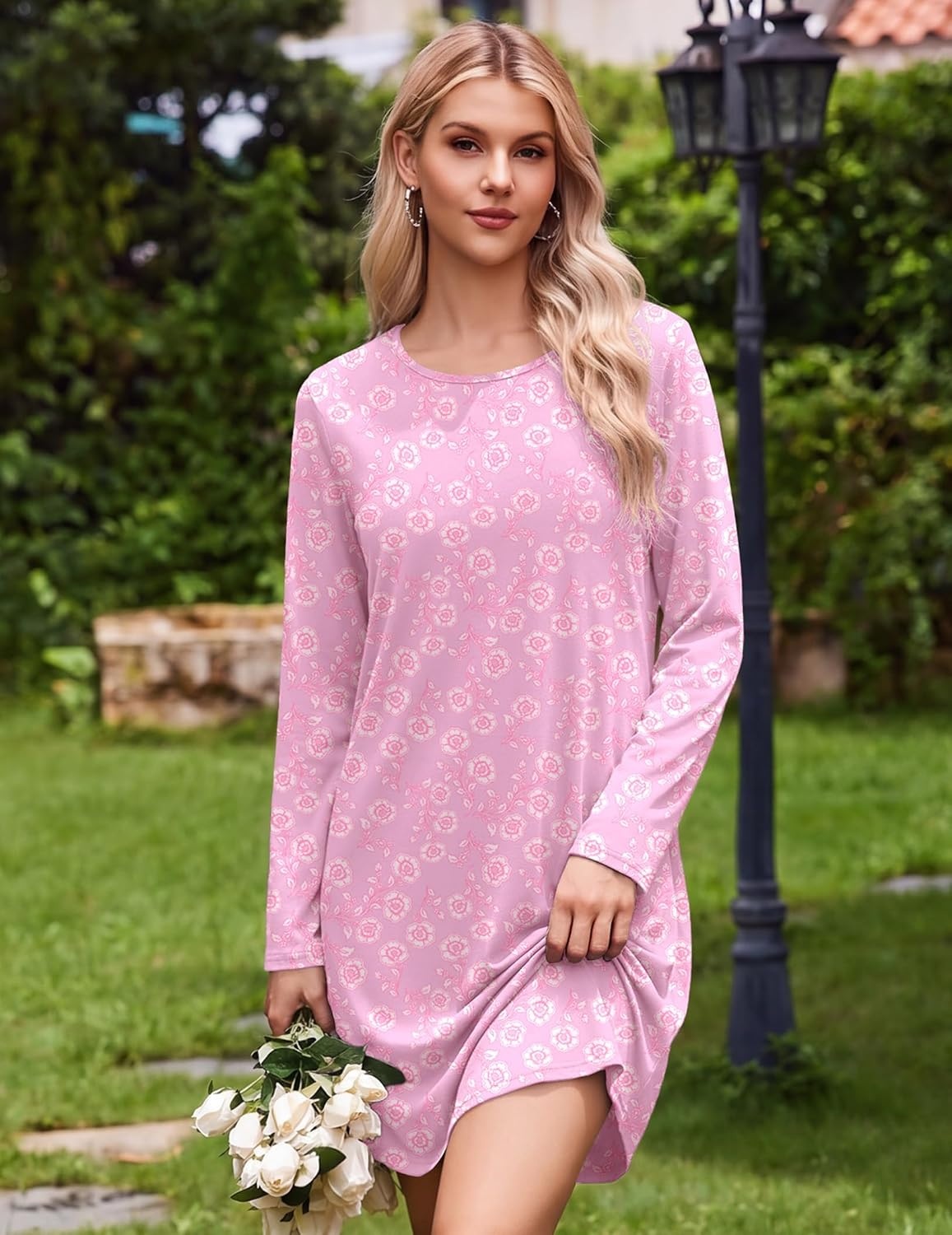 image:imageEkouaer Nightgowns for Women 2 Pack Night Gowns Long Sleeve Sleep ShirtsPink White FloralPurple Floral