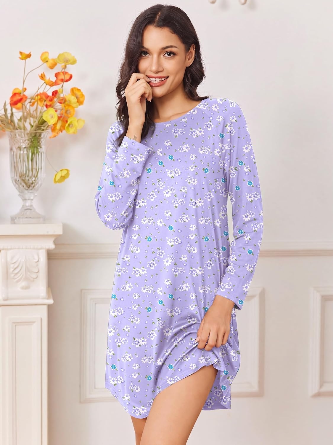 image:imageEkouaer Nightgowns for Women 2 Pack Night Gowns Long Sleeve Sleep ShirtsPink White FloralPurple Floral