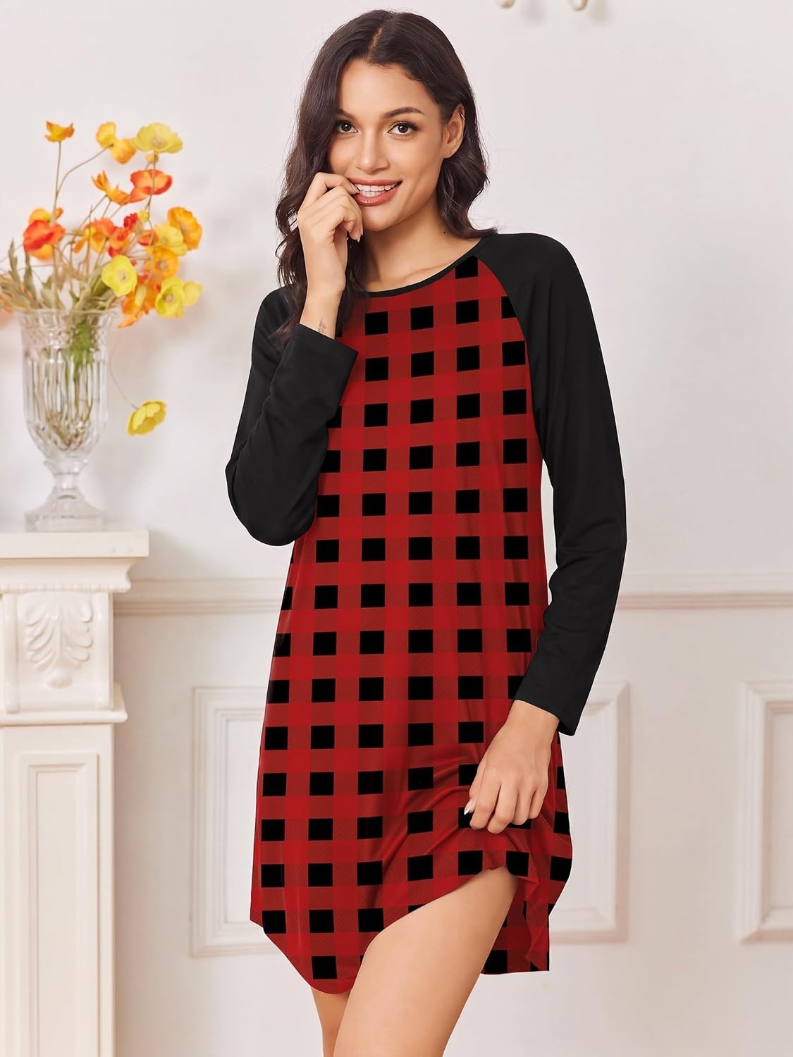 image:imageEkouaer Nightgowns for Women 2 Pack Night Gowns Long Sleeve Sleep ShirtsRed Black PlaidBlack