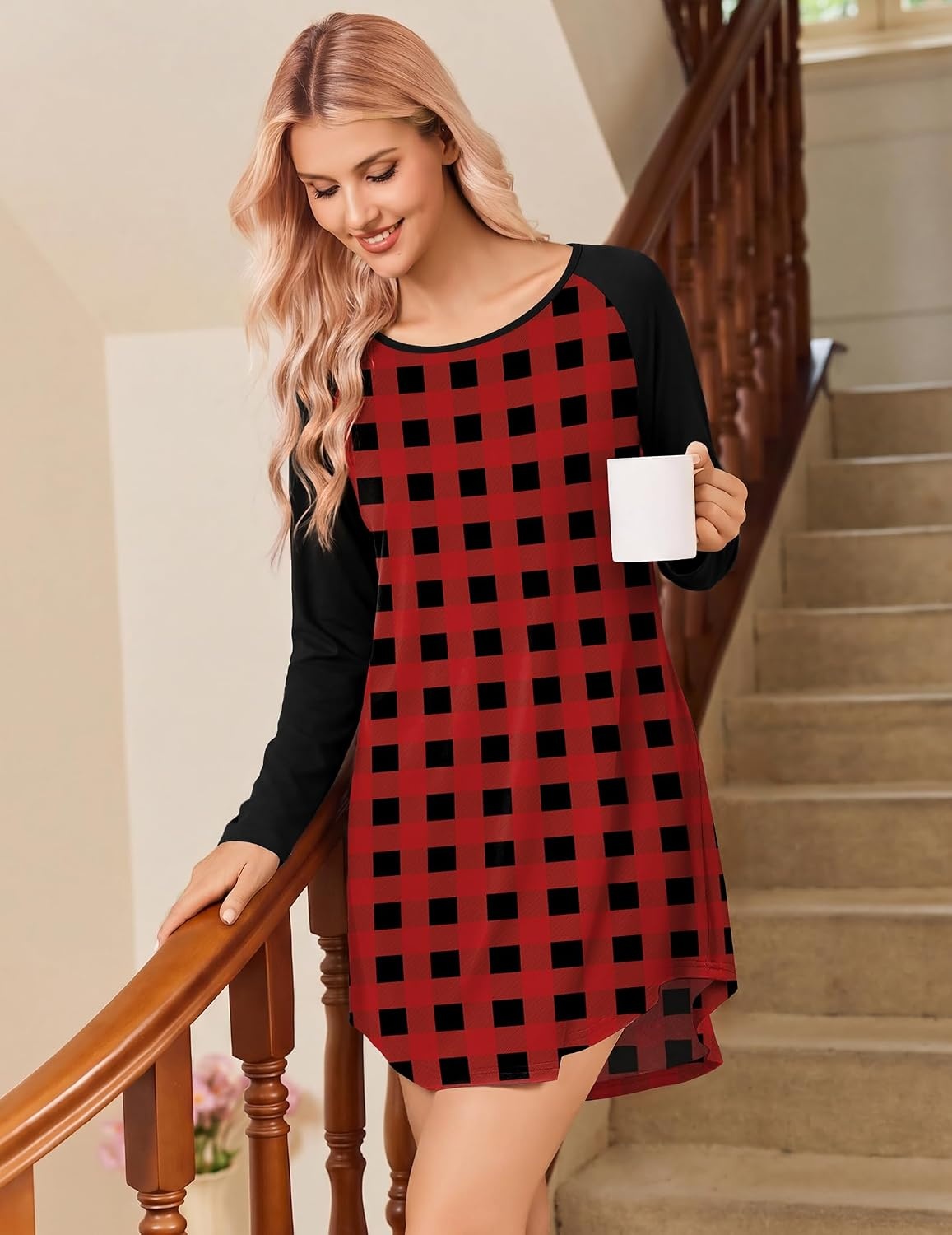 image:imageEkouaer Nightgowns for Women 2 Pack Night Gowns Long Sleeve Sleep ShirtsRed Black PlaidBlack