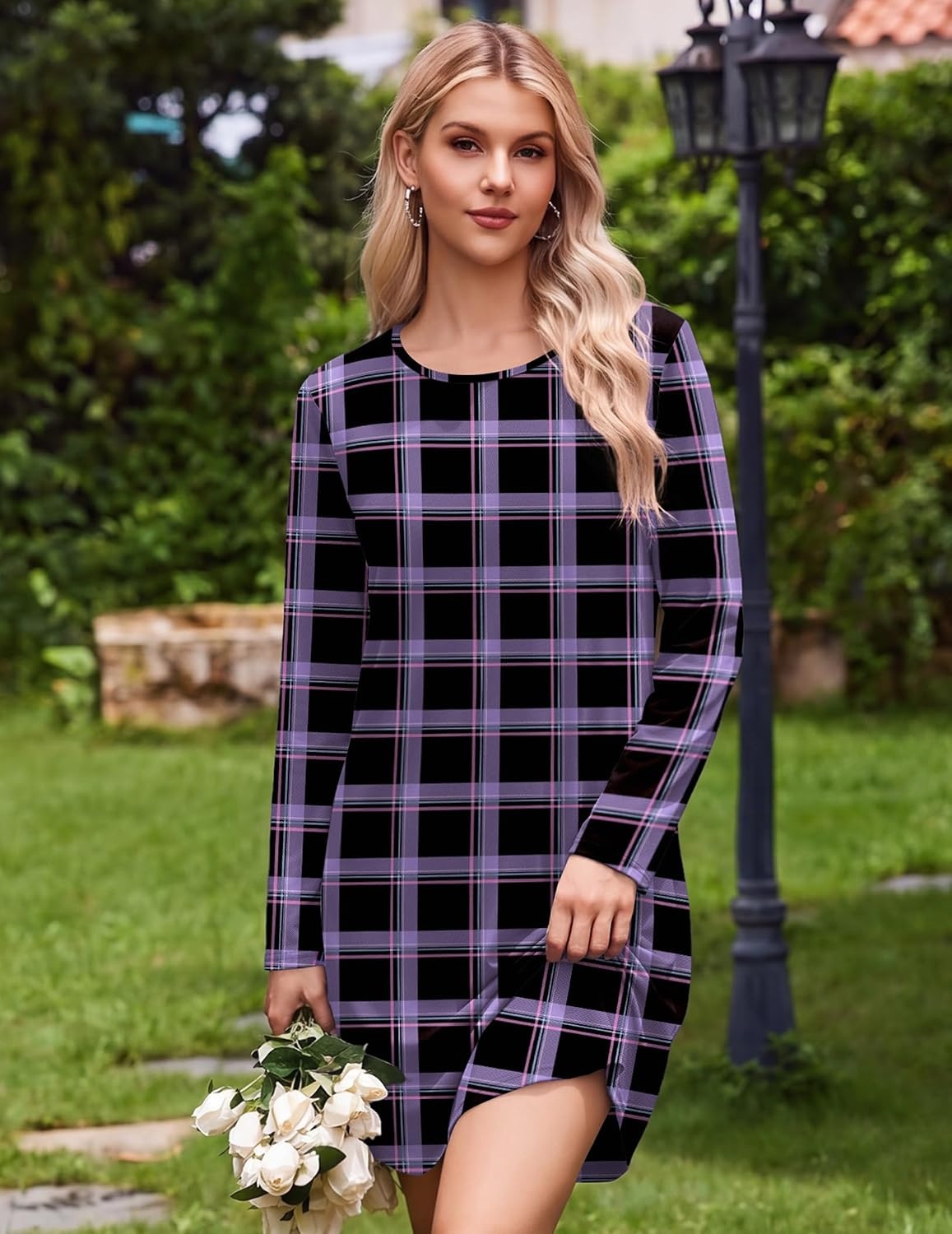 image:imageEkouaer Nightgowns for Women 2 Pack Night Gowns Long Sleeve Sleep ShirtsRed Black PlaidPurple Plaid