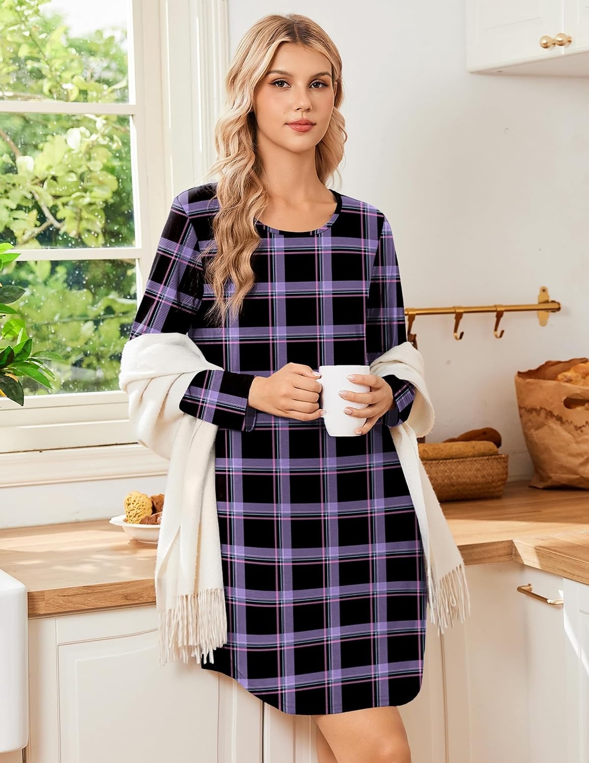 image:imageEkouaer Nightgowns for Women 2 Pack Night Gowns Long Sleeve Sleep ShirtsRed Black PlaidPurple Plaid