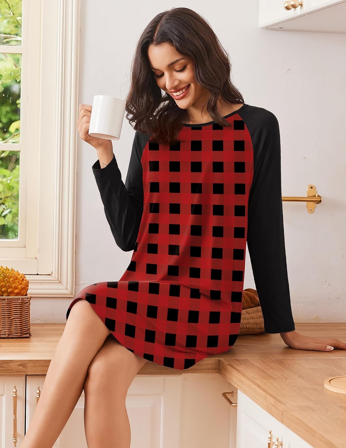 image:imageEkouaer Nightgowns for Women 2 Pack Night Gowns Long Sleeve Sleep ShirtsRed Black PlaidPurple Plaid