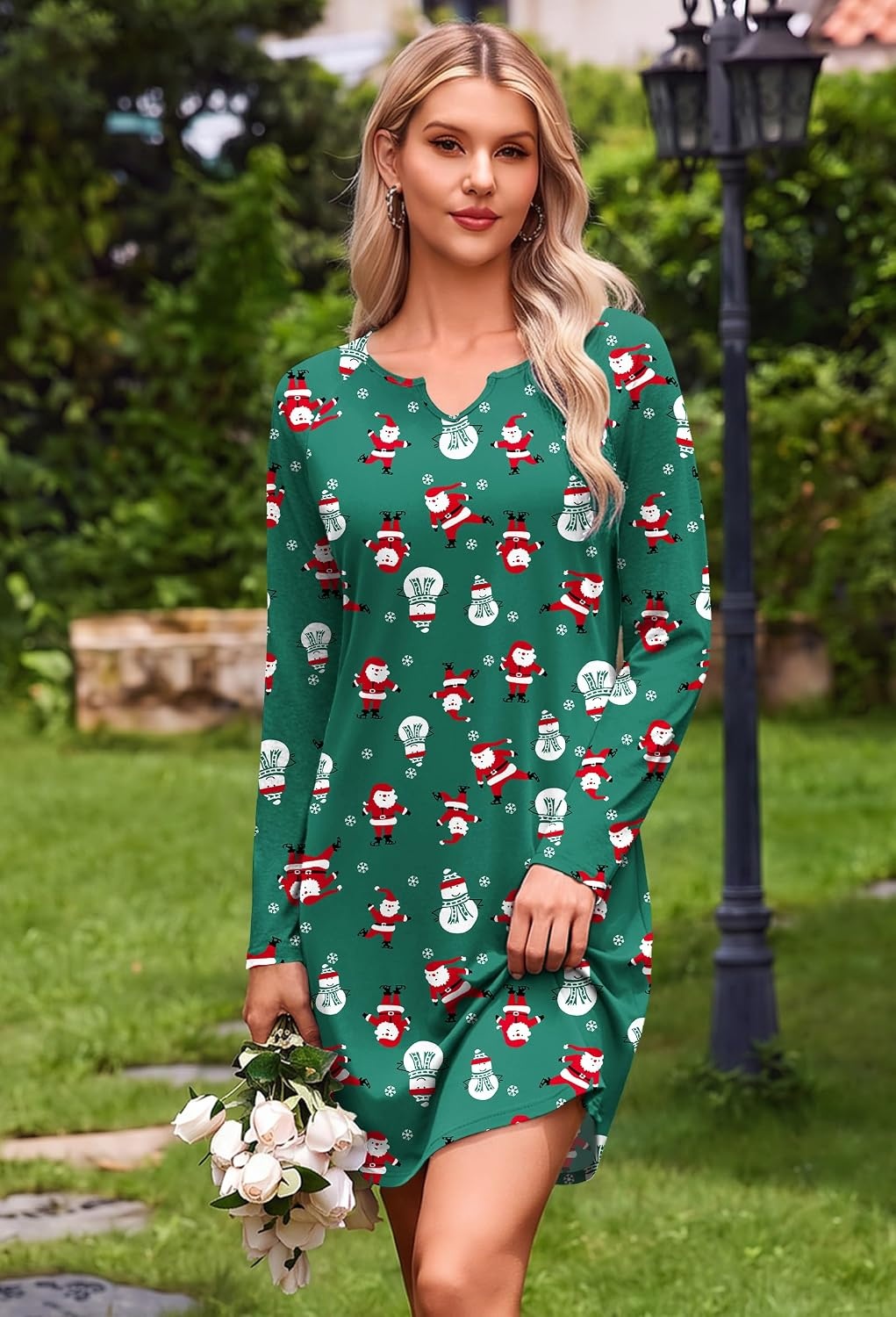 image:imageEkouaer Nightgowns for Women Long Sleeve Night Gown Pullover Sleep DressChristmas Green