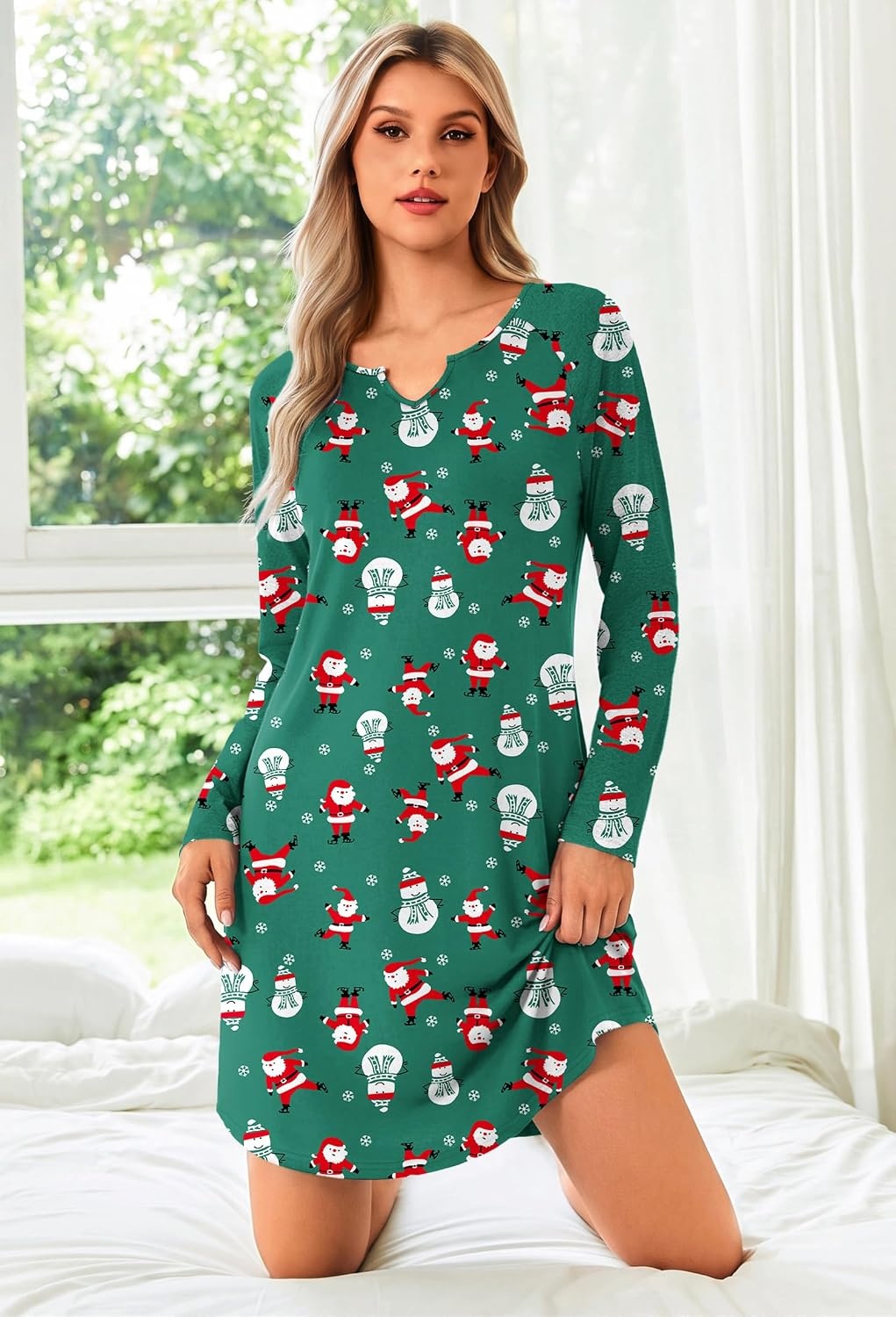 image:imageEkouaer Nightgowns for Women Long Sleeve Night Gown Pullover Sleep DressChristmas Green
