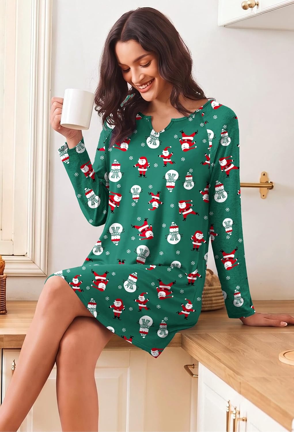 image:imageEkouaer Nightgowns for Women Long Sleeve Night Gown Pullover Sleep DressChristmas Green