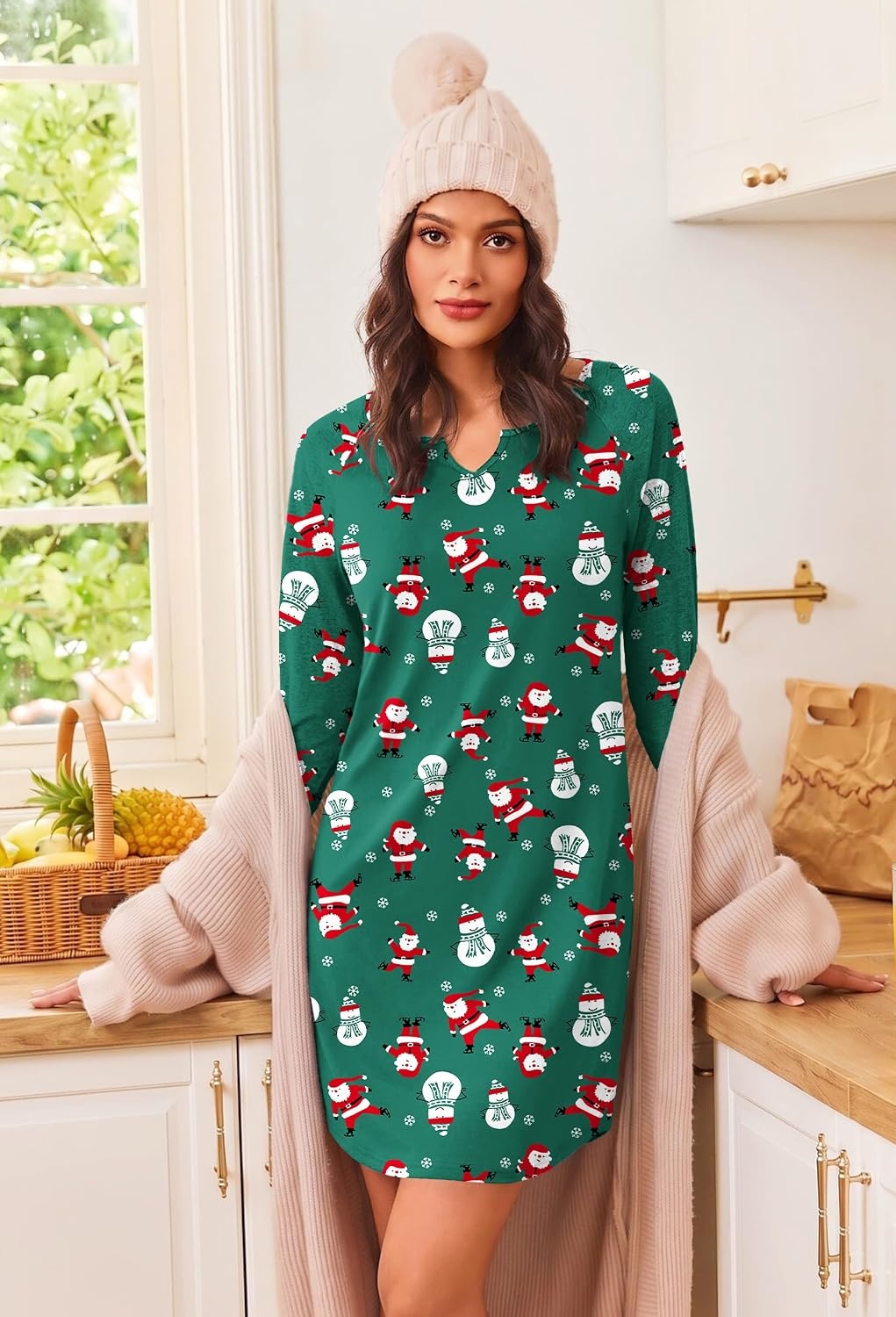 image:imageEkouaer Nightgowns for Women Long Sleeve Night Gown Pullover Sleep DressChristmas Green