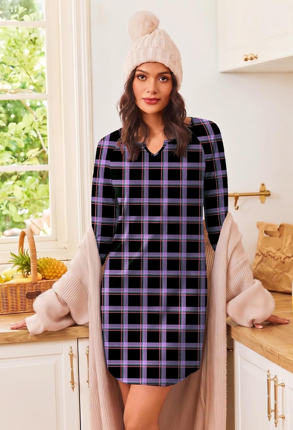 image:imageEkouaer Nightgowns for Women Long Sleeve Night Gown Pullover Sleep DressPurple Plaid