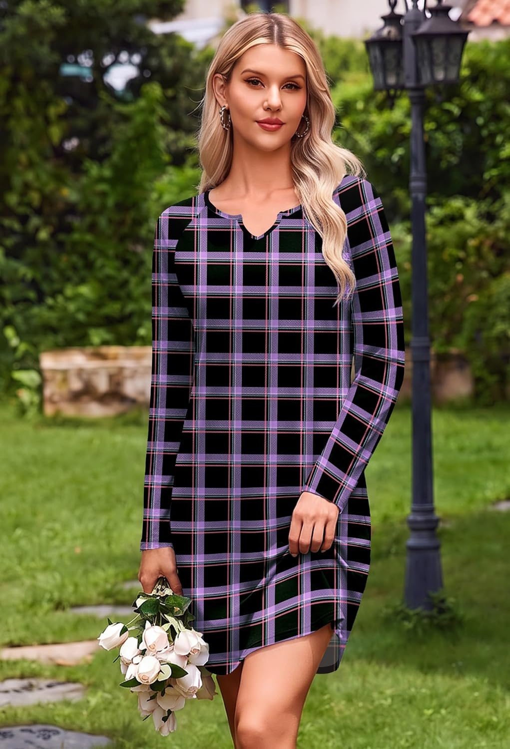 image:imageEkouaer Nightgowns for Women Long Sleeve Night Gown Pullover Sleep DressPurple Plaid