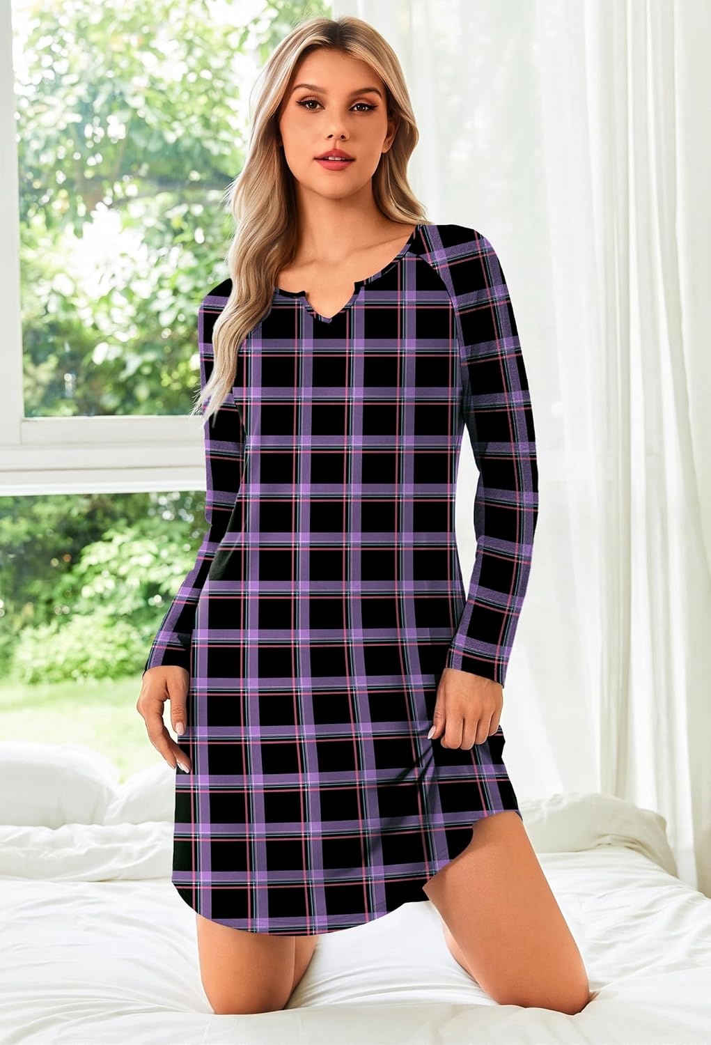image:imageEkouaer Nightgowns for Women Long Sleeve Night Gown Pullover Sleep DressPurple Plaid