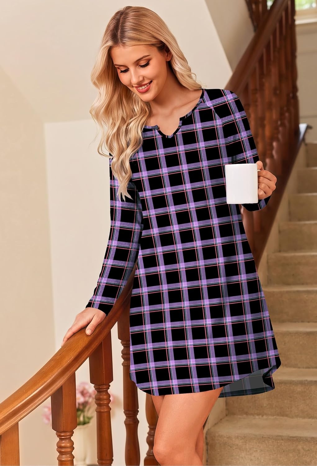 image:imageEkouaer Nightgowns for Women Long Sleeve Night Gown Pullover Sleep DressPurple Plaid