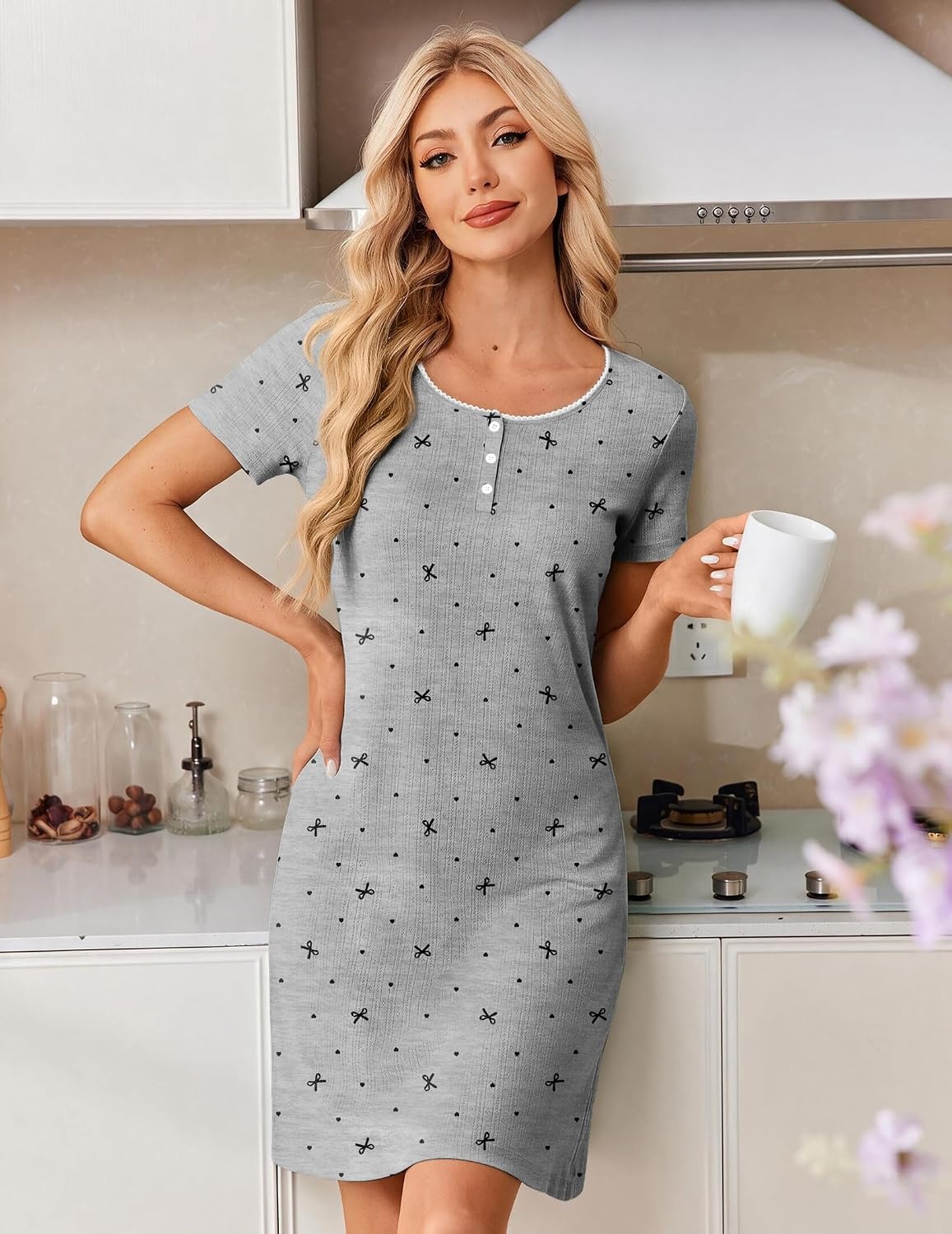 image:imageEkouaer Nightgowns for Women Short Sleeve Sleepshirts Henley SleepwearGrey Bow