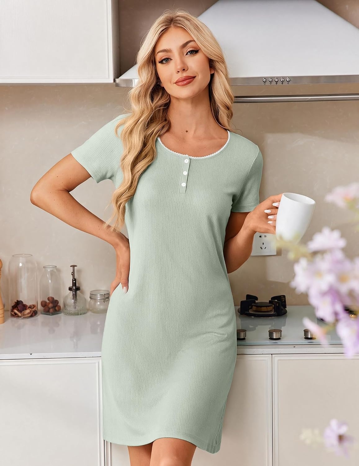 image:imageEkouaer Nightgowns for Women Short Sleeve Sleepshirts Henley SleepwearLight Green