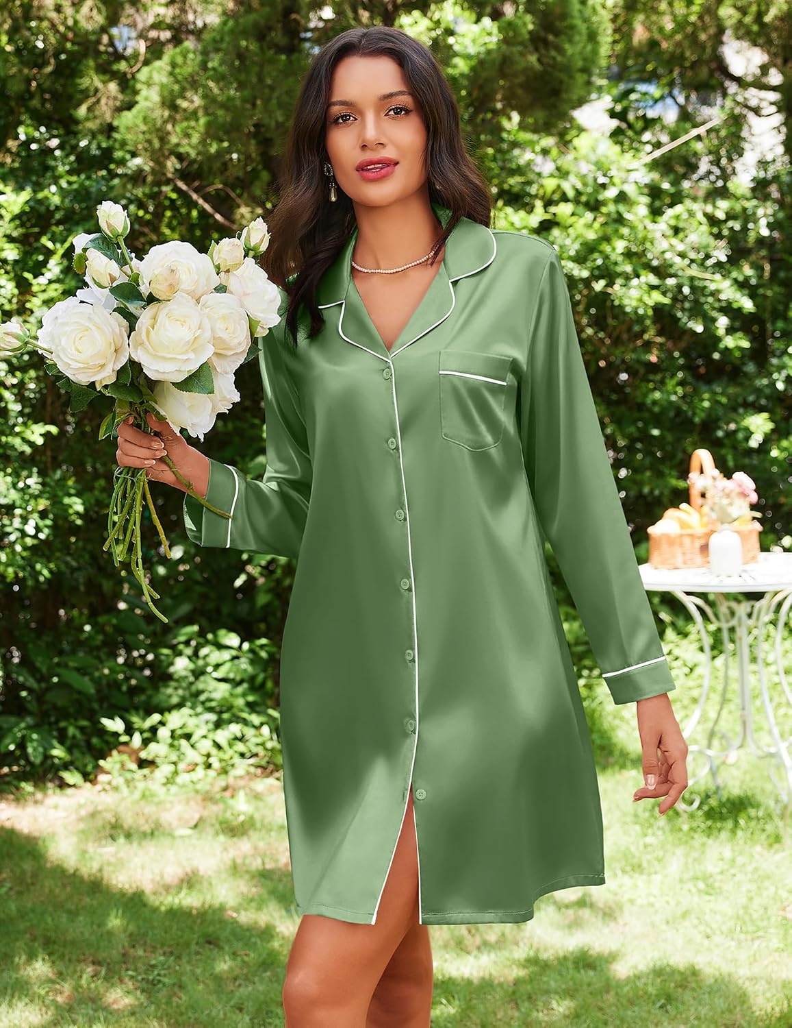 image:imageEkouaer Nightgowns for Women Silk Sleep Shirts Satin Long Sleeve Night GownArmy Green