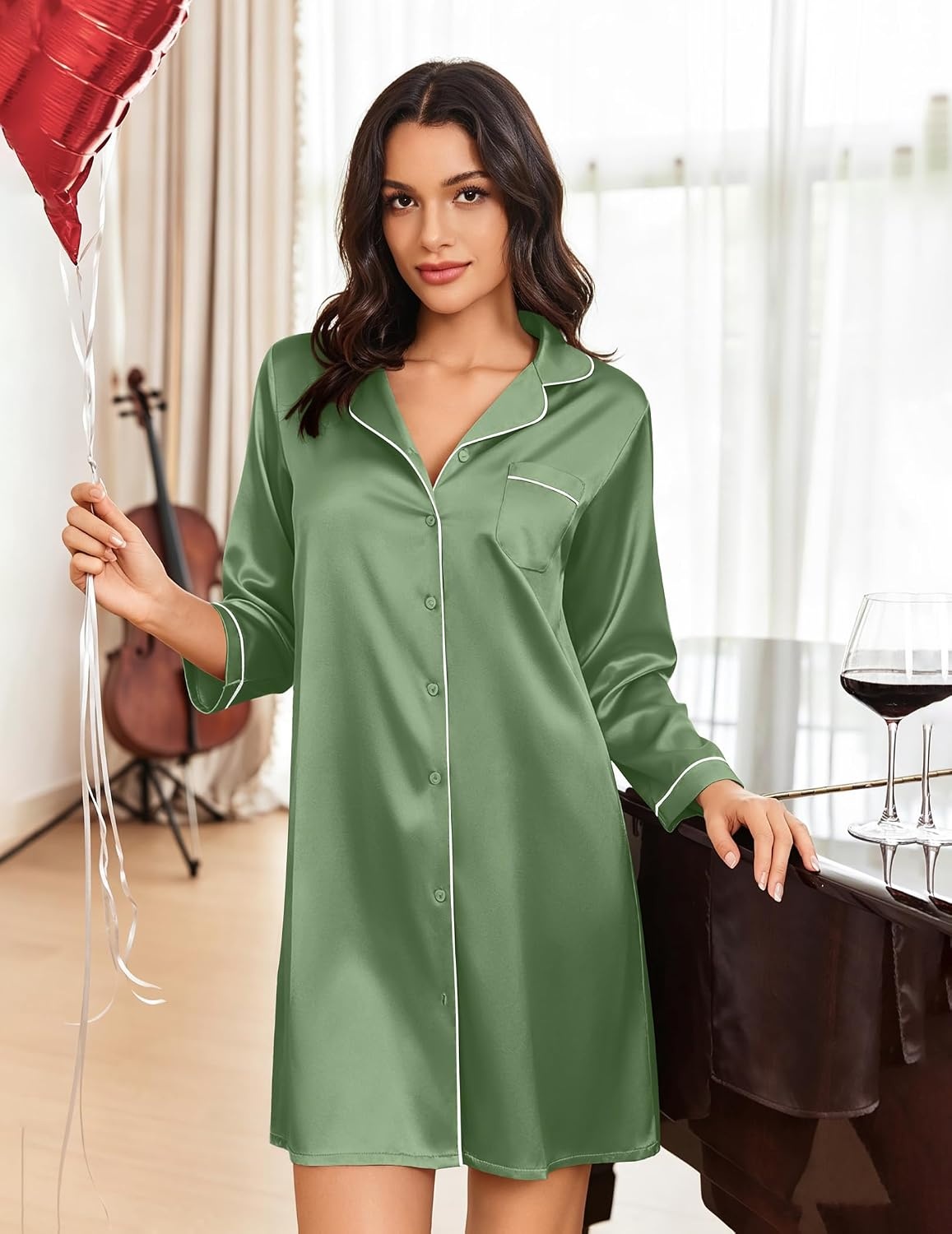 image:imageEkouaer Nightgowns for Women Silk Sleep Shirts Satin Long Sleeve Night GownArmy Green