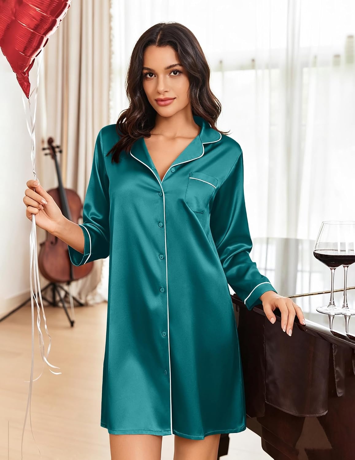 image:imageEkouaer Nightgowns for Women Silk Sleep Shirts Satin Long Sleeve Night GownBlue Green