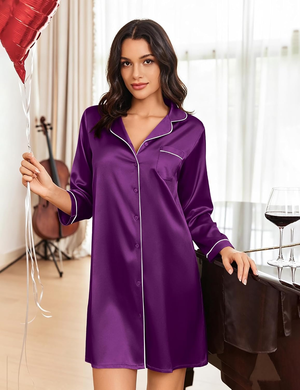 image:imageEkouaer Nightgowns for Women Silk Sleep Shirts Satin Long Sleeve Night GownPurple
