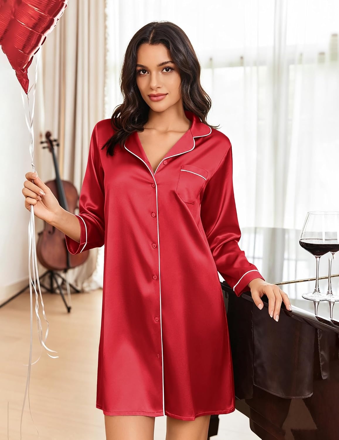 image:imageEkouaer Nightgowns for Women Silk Sleep Shirts Satin Long Sleeve Night GownRed
