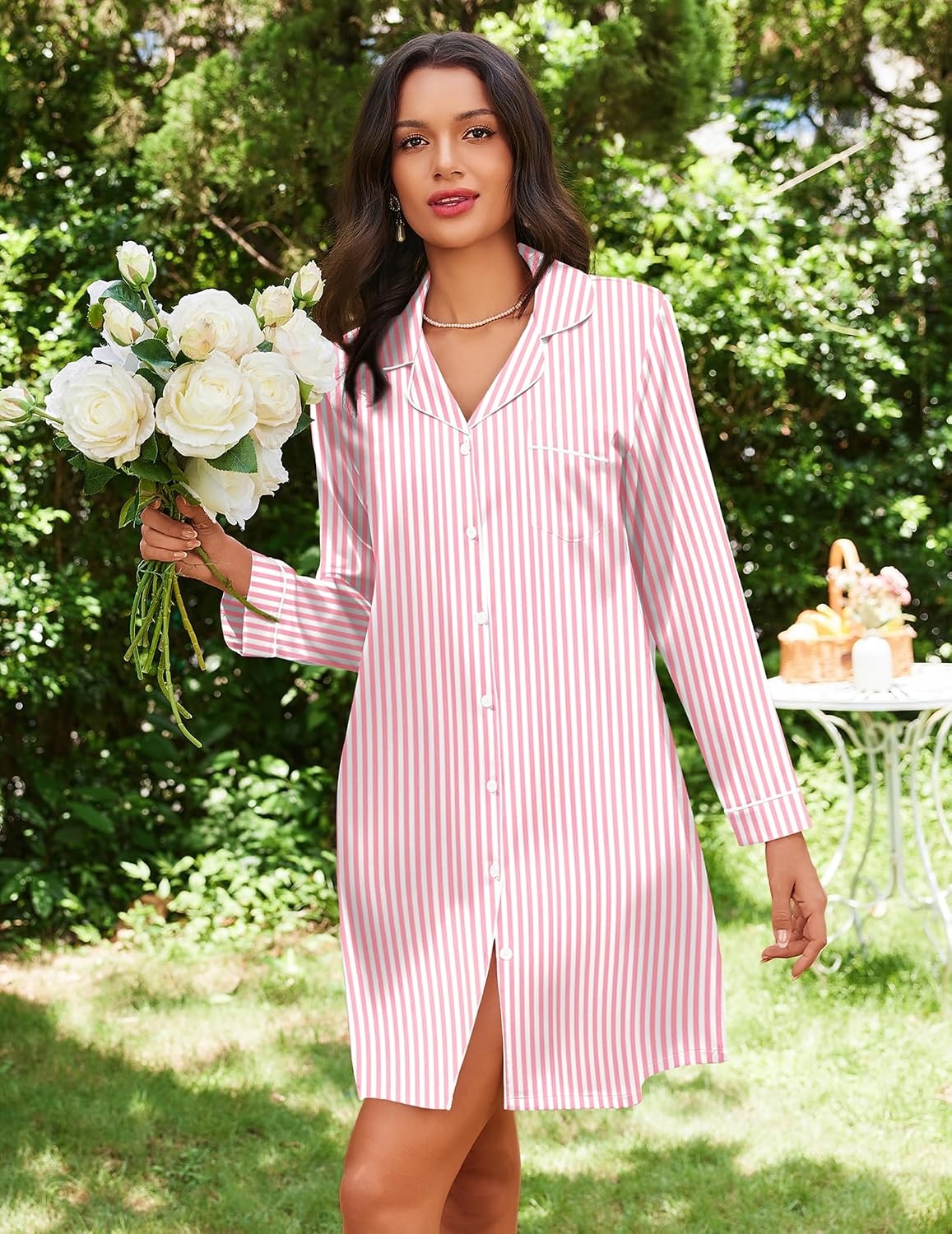 image:imageEkouaer Nightgowns for Women Silk Sleep Shirts Satin Long Sleeve Night GownStriped Pink