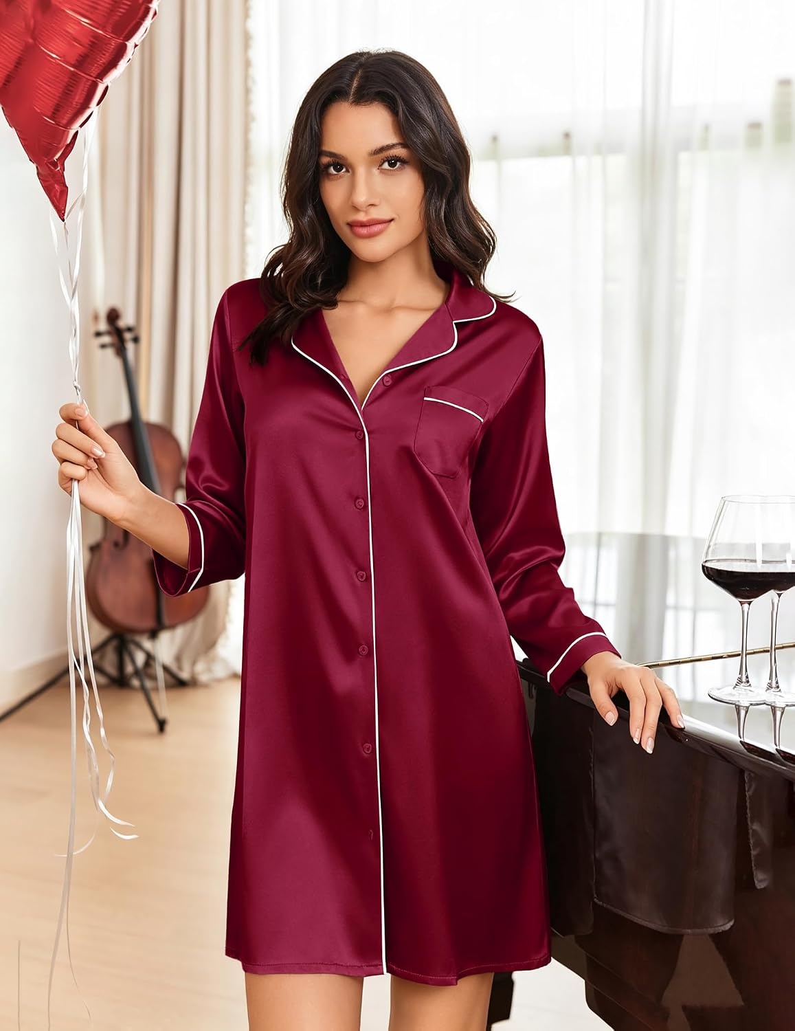 image:imageEkouaer Nightgowns for Women Silk Sleep Shirts Satin Long Sleeve Night GownWine Red