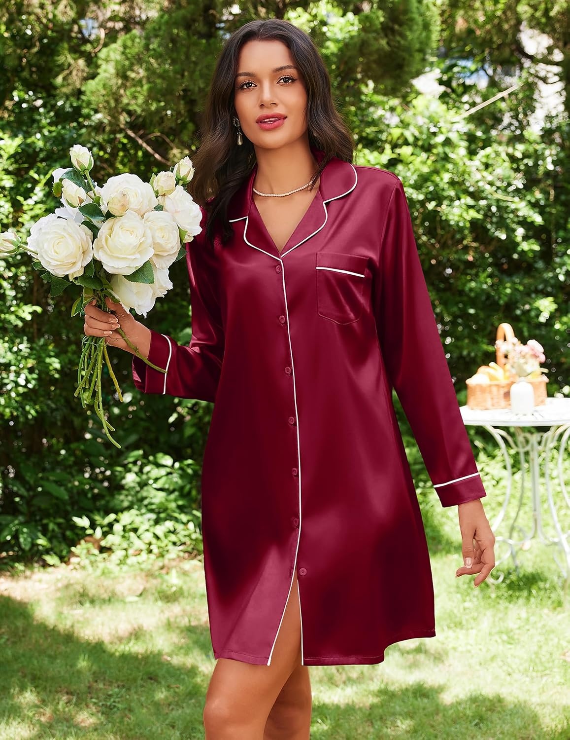 image:imageEkouaer Nightgowns for Women Silk Sleep Shirts Satin Long Sleeve Night GownWine Red